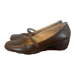 Strictly Comfort Brown Slip-on Leather Wedge Heel Leather Sandal Sz 9